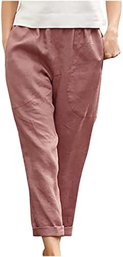 מכנסי מותניים אלסטיים של נשים מכנסיים כותנה פשתן מכנסיים ישר צבע אחיד טרקלין גדול טרקלין קפרי מכנסיים קצוצים