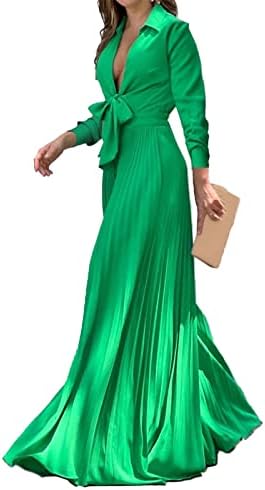 נשים בהירות נשים מותניים מותניים גבוהות שרוול ארוך ירוק ירוק עמוק V צוואר אור יוקרתי שמלת נדנדה ארוכה ארוכה