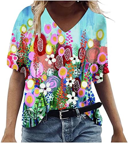 נערות שרוול קצר חולצות פרחוני גרפי רופף מתאים גדול חולצות חולצת טי צוואר טרקלין סתיו קיץ חולצות