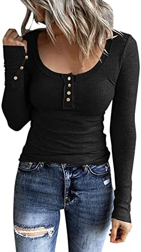 Aniywn Ladies כפתור רזה רזה מתאימה חולצת טריקו שרוול ארוך נשים בצבע אחיד נשים סוודאות בסיסיות טי טי טי