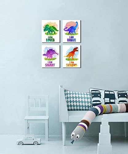 אמנות קיר לדינוזאור לילדים בנות בנות עיצוב חדר, תמונות דינוזאור מוטיבציוניות ממוסגרות דינוזאורים צבעוניים מים אמנות הדפסים