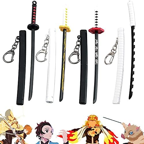 4 חבילה שטן ציידת מיני צעצוע קטאנה מחזיק מפתחות, מתכת דגם חרב עם לשלוף, שמש הילוך חרב, מתנה הטובה ביותר עבור