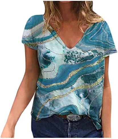 קצר שרוול טרנדי מזדמן רופף בכושר חולצות או צוואר שיפוע חולצות לנשים בסיסי קיץ לנשימה