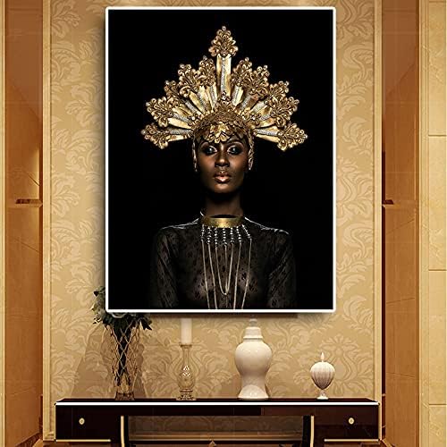 מופשט זהב כתר שחור אפריקאי אישה ציור שמן על בד והדפסי סקנדינבי קיר אמנות תמונה עבור שינה מתקדם שמן ציור