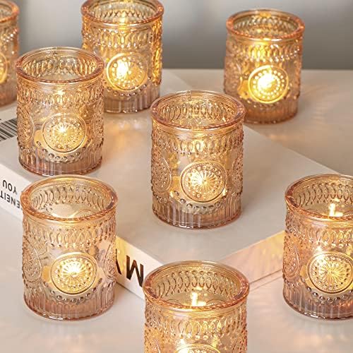 לנטו זהב זהב נרות נרות נרות של 12, אורות תה זכוכית מחזיקי נרות למרכז שולחן חתונה, מסיבות יום הולדת ועיצוב בית