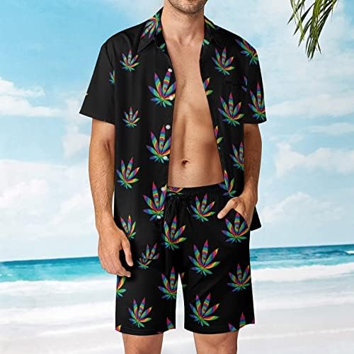 עניבת WeedKeycat צבע תלבושות חוף לגברים בגברים 2 חלקים כפתור הוואי למטה חולצה קצרה שרוול ומכנסיים קצרים.