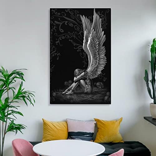 Hdydjs שחור לבן כנפי מלאך פוסטר אמנות מופשטת גותית נופלת גותית נופלת בד פוסטרים והדפסים תמונות אמנות קיר לעיצוב חדר שינה