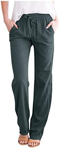 מכנסיים מזדמנים של נשים מכנסי רגל ישרים מוצקים מכנסי פשתן מכנסיים מותניים גבוהים מכנסיים רופפים מכנסי כותנה נוחים רגועים