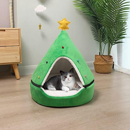 Hifuar עץ חג המולד חתול אוהל מחמם את עצמו 2 ב 1 מחמד בית מערות למיטה לכלב קטן חג המולד חילוט חטטת צריף מחבוא ירוק
