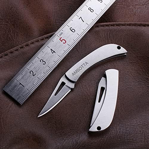 AMSOTTA סכין כיס קטן עם 2 חבילות, סכין מחזיק מפתחות מיני, סכין קיפול נירוסטה זעירה, חותך תיבות EDC, פותחן מעטפות, סכין שירות,