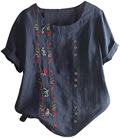 כותנה פשתן חולצות לנשים טרנדי פרחוני גרפי קצר שרוול כפתור טוניקת טיז מקרית או צוואר בסיסי חולצות חולצות