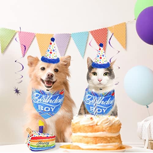 כובע בנדנה של יום הולדת לכלב עם צעצוע חריקת קטיפה של עוג