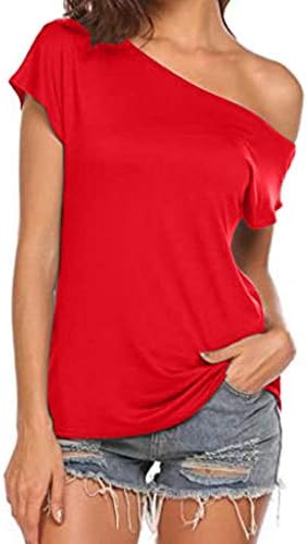 שאקומי נשים קיץ חולצה למעלה כתף אחת רגיל צבע טוניקת טי מזדמן כושר רופף קצר שרוול חולצות לנשים