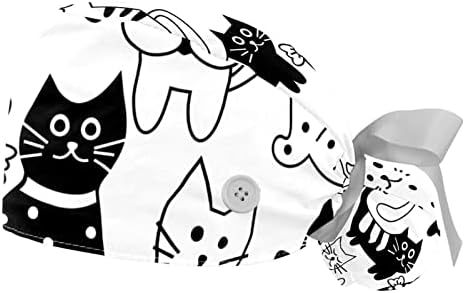 2 חלקים מצוירים חתולים שחור לבן כובע עבודה מתכוונן עם כפתור, כובע סיעוד עם רצועת זיעה