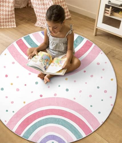 שטיח עגול ורוד לחדר ילדים, שטיח רחיץ קשת 4 רגל לחדר ילדים, שטיח מעגל החלקה שטיח חדר שינה צבעוני לילדות טירת נסיכה חדר
