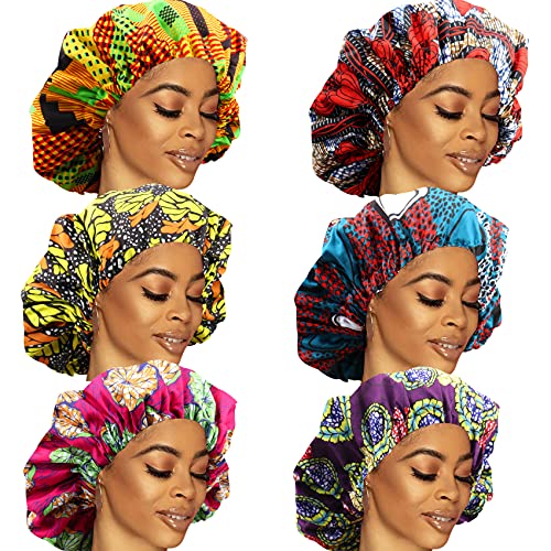 6 חבילות שכבה כפולה סאטן מצנפת לנשים משי אפריקני הדפס אפרו -שינה כובע ראש צעיף ראש גדול לעטוף לילה רך כובע שינה כובע