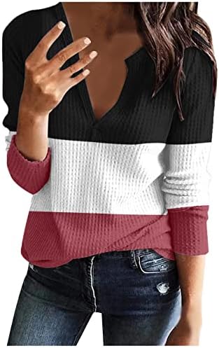 נשים של ארוך שרוולים חולצות צבע בלוק שחבור סוודרי קל משקל צווארון חולצות רופף מזדמן חולצות חולצות