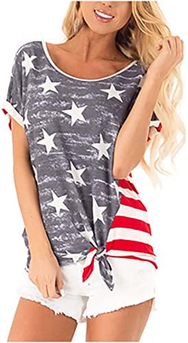 חולצות 4 ביולי לנשים, צמרות פטריוטיות דגל אמריקאי הדפס עניבת שרוול קצר קשר קדמי קז'ז