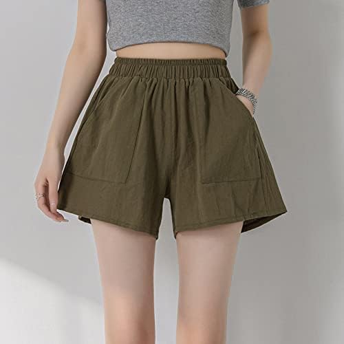 OPLXUO נשים מכנסי פשתן כותנה קצרים קיץ מותניים אלסטיים רחבים מכנסיים קצרים מזדמנים תלבושות חופשה קלות עם כיסים