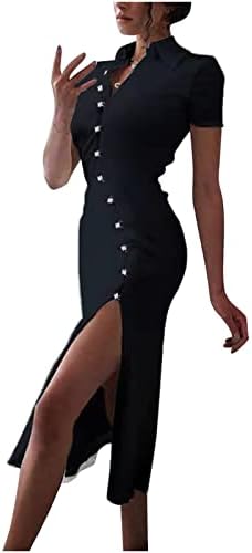 כפתור נשים למטה שמלת BodyCon אופנה סקסית דש מוצק שרוול קצר שחמלה שמלת צד דק פיצול מועדון מידי שמלות
