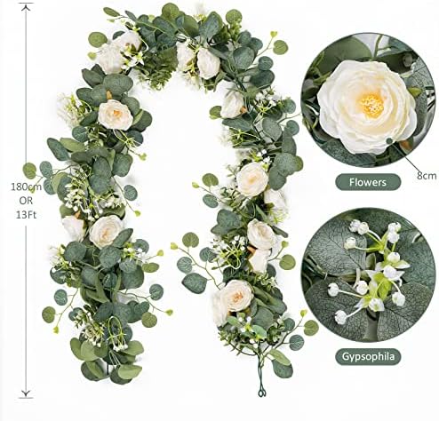 Tochgreen 2 חבילה 13ft אוקליפטוס מלאכותי זרי פרחים עם ורדים לבנים, ירק פרחי ורד מזויף זרי גפנים פרחוניים גפנים