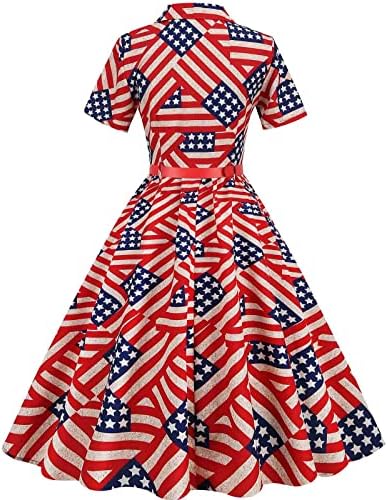 4 ביולי נשים המפלגה חולצה שמלות 1950 בציר נדנדה שמלת עקרת בית קצר שרוולים כפתור דש קוקטייל שמלה