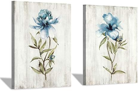 כחול פרח בד קיר אמנות: בוטני פרחוני יצירות אמנות פרח בר תמונה ציור לחדר שינה
