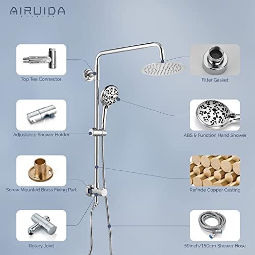 מערכת מקלחת של איירוידה פליז מערכת מקלחת כרום לק כרום 8 אינץ 'ראש מקלחת גשם עם 5 פונקציות מרסס כף יד ומגלשת סבון מתכווננת מתכוונת