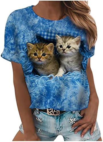 3 ד חתול הדפסת חולצות נשים מקרית קצר שרוול בסיסי טי חולצות חמוד בעלי החיים גרפי צוות צוואר קיץ אופנה טי חולצה