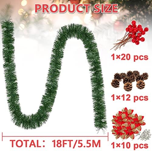 זרי חג המולד של Lileflai, 54ft/16.5 מ 'ירק זרים מלאכותיים עם 12 יחידות אורנים, 20 יחידות פירות יער אדומים