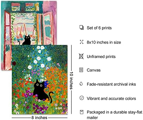 הדפסי אמנות קיר שחור מצחיק סט של 6 בד אמנות פוסטרים חובבי חתולים מתנה חמוד חמוד אסתטי וינטג