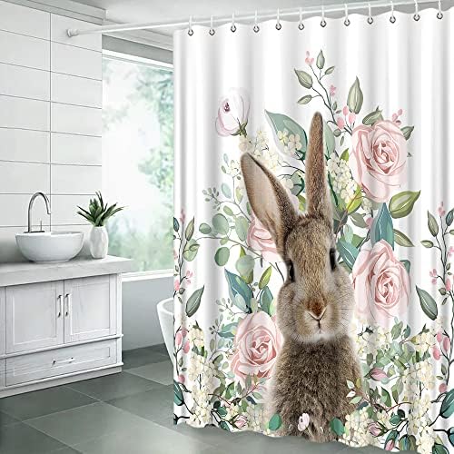 וילון מקלחת פסחא ארנב ארנב פרחוני פרח עלים פסטיבל חג האביב בוהו טבע בד אולם ביד אמבטיה וילון עם ווים, ירוק ורוד