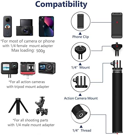 Unixyz Mini Pocket Selfie Stick אטום למים עם קליפ טלפון עבור GoPro, הניתן להרחבה 6.5 עד 18.5 Monopod Handler Handler