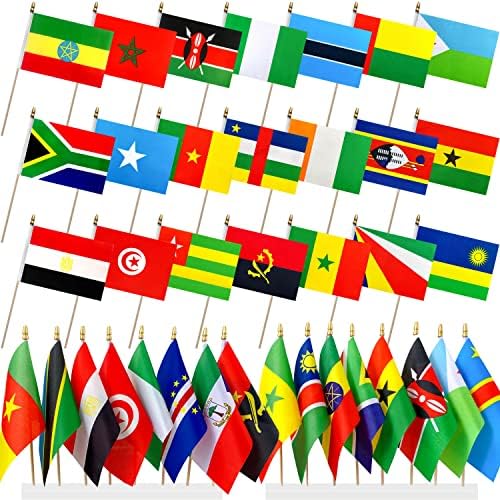 דגלי מדינות אפריקה אפריקה 54 מארז סט על מקל עץ מיני קטן דגל כף יד, 5 על 8 אינץ