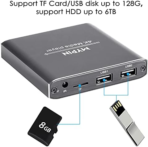 נגן מדיה 4K עם שלט רחוק, נגן MP4 דיגיטלי עבור 8TB HDD/USB כונן/כרטיס TF/H.265 MP4 PPT MKV AVI תומך ב- HDMI/AV/Optical