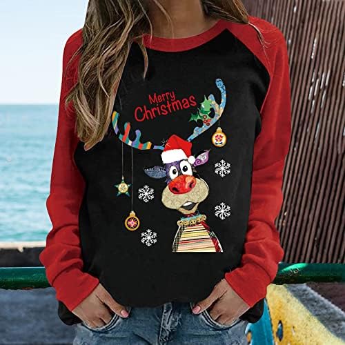 סוודר חג המולד מכוער של נשים בלוק צבע חמוד סנטה אייל טוניקה חולצה רופפת חולצה מזדמנת שרוול ארוך סווטשירט