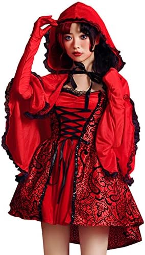 גותי כיפה אדום תלבושות עבור נשים שרוכים גבוהה נמוך מכפלת הדפסת הוד קייפ מיני מפלגה שמלה