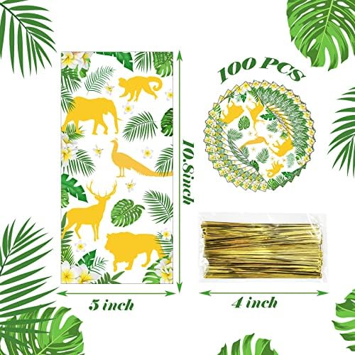 100 חתיכות הוואי צלופן לטפל שקיות, ג ' ונגל בעלי החיים צלופן שקיות ירוק זהב ספארי בעלי החיים עלים דקל פלסטיק סוכריות גודי שקיות