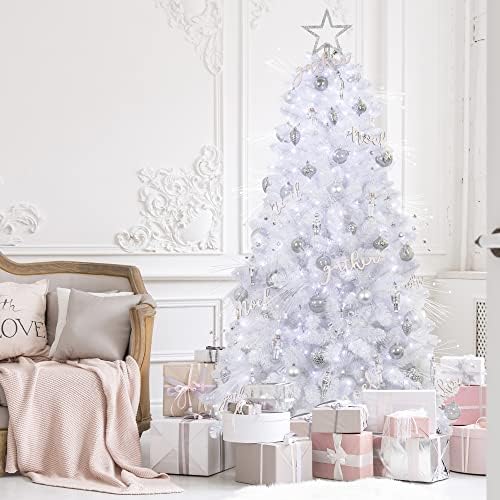 חנות Ki 7ft עץ חג מולד לבן עם קישוטים ואורות מרחוק וטיימר קישוטי חג המולד אפור וכסף כולל עץ מלא 7 רגל, קישוטים,