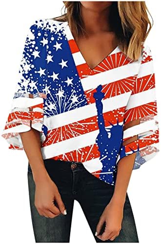 חולצת טלאי רשת קפרי קפרי סתיו קיץ סתיו 3/4 שרוול v צוואר עצמאות יום עצמאות חולצה גרפית חולצה לנשים