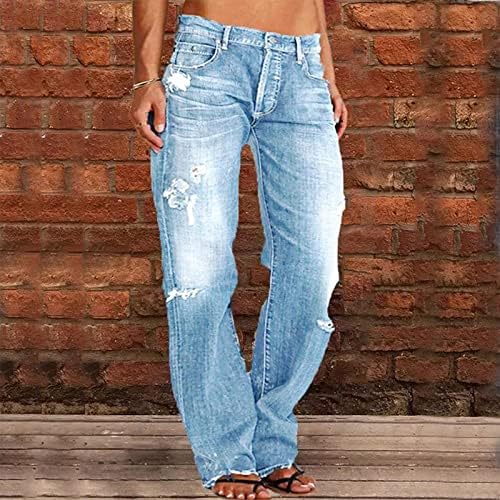 מכנסי ג'ינס רגליים ישרות לנשים קרעו מכנסי ג'ינס עם מותניים נמוכים לנשים מכנסי ג'ין מטען לנשים