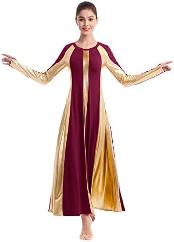איבקום נשים בוגרות בלוק צבע זהב למבוגרים שרוול ארוך שמלת ריקוד שבח רופף בכושר אורך מלא פולחן לירי ליטורגי