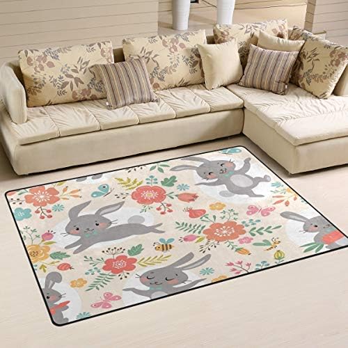 שטיח אזור אלזה לילדים, ארנבים מאושרים וחמודים עם שטיח רצפה פרחים לא שפשפת החלקה למגורים במעונות חדר מעונות עיצוב