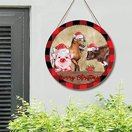 חווה חזיר פרה סוס פרה תרנגול עץ שלט קיר וינטג 'חג המולד אדום משובץ חווה חיה חיה כפרית שלטים כפריים חג המולד דלת