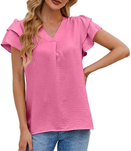 חולצות לנשים פרוע שרוול קצר V חולצות צוואר קיציות חולצות אלגנטיות לבושות חולצה צבעונית אופנתית