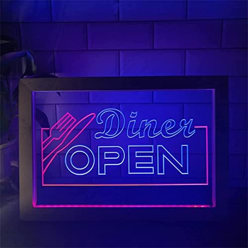 Dvtel Diner Open LED שלט ניאון, עיצוב מסעדות אורות לילה USB אורות ניאון עם מסגרת עץ, שלט זוהר תלוי קיר, 42x32 סמ.