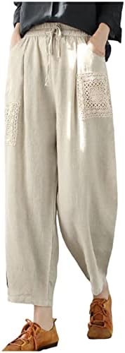 Fehlegd נשים אופנה כותנה פשתן מכנסיים קצוצים רקמה מוצקה שרוך מותניים אלסטיים מכנסיים רופפים עם כיס