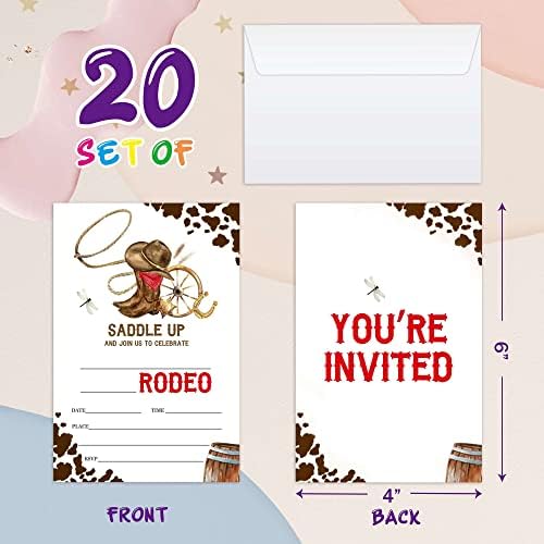 כרטיסי הזמנות ליום הולדת למערב הפרוע של Axamdam, הזמנות למסיבת רודיאו בוקובוי לילדים ולבנים, 20 קלפים עם 20 מעטיפות