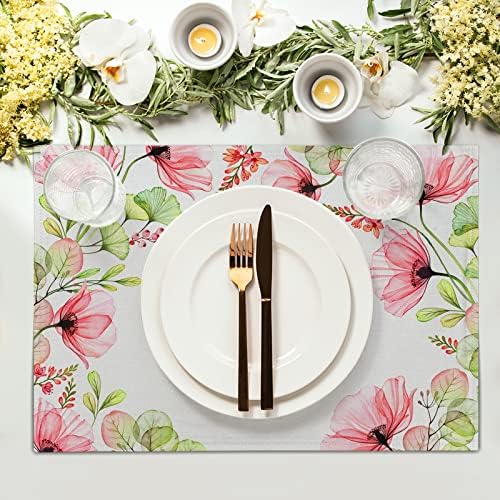 פרח מפיות סט של 4-ורוד פרג שולחן מחצלות סט אביב פרח פרחוני שולחן מפיות פרחי צמחים עלים מקום מחצלות למטבח