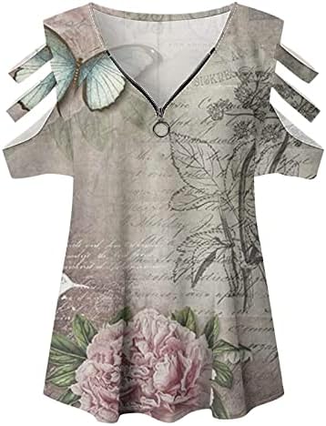 2023 שרוול קצר כותנה V צוואר רוכסן מעלה חולצת הטשס העליונה לנשים בסתיו קיץ מהכתף חולצה FB FB